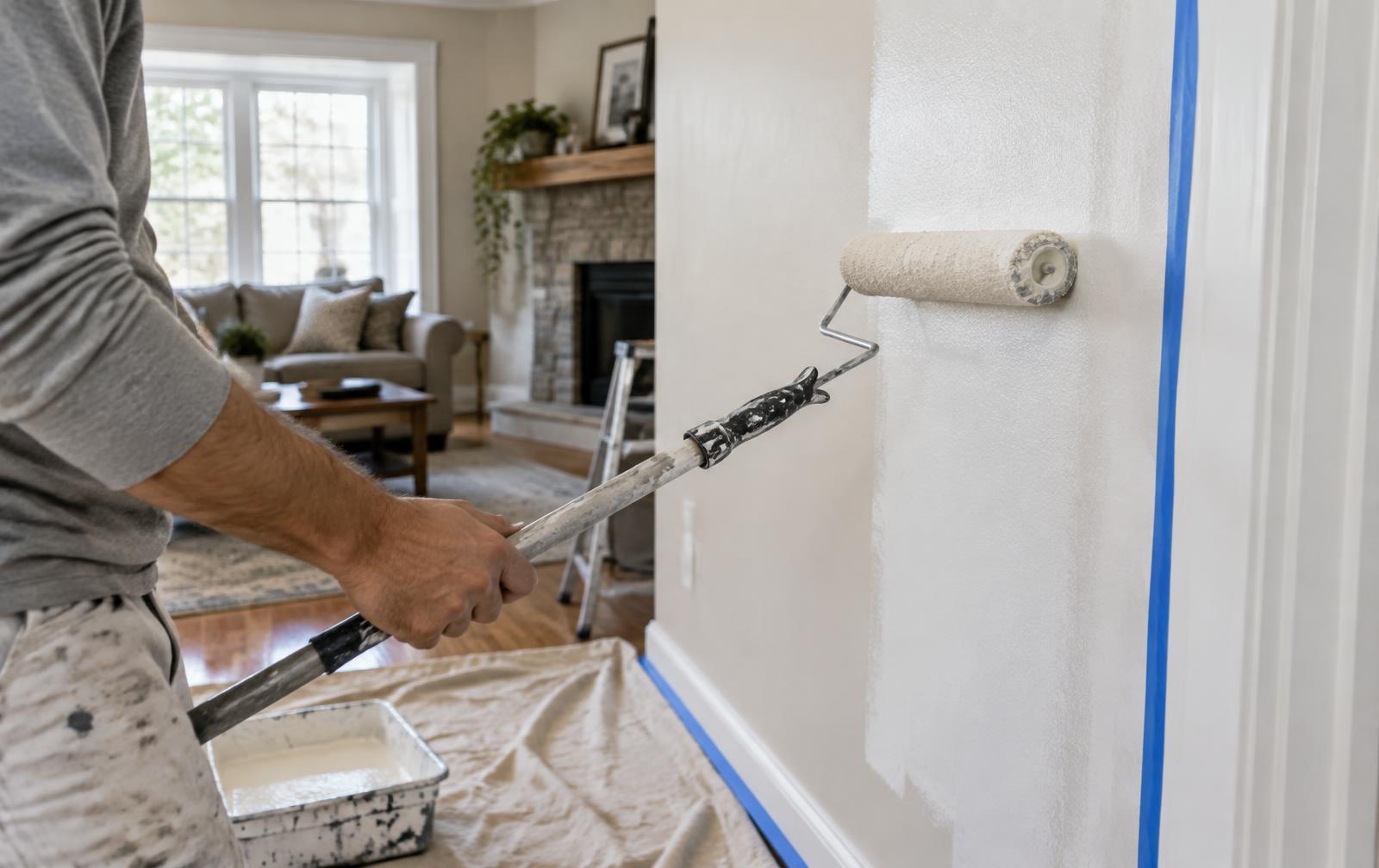 Professional painter applying a fresh coat to a residential interior wall